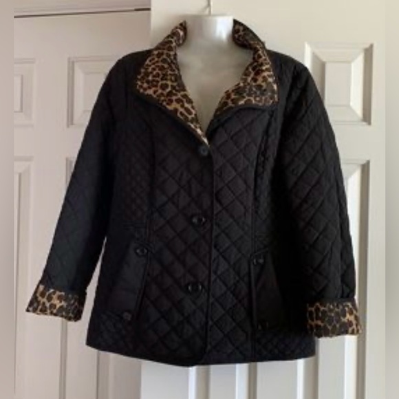 Liz Claiborne Jackets & Blazers - LIZ CLAIBORNE Black Quilted Jacket with Animal Print Trim